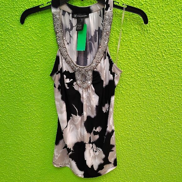 INC International Concepts Black and White Embellished Fitted Tank Top - Picture 1 of 3